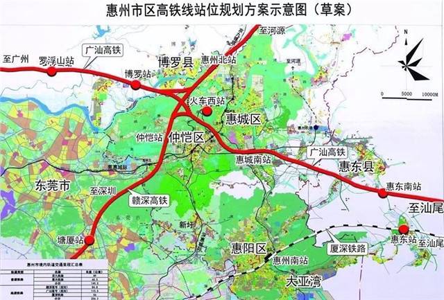 广东段全线新建7个车站,其中惠州境内设博罗北,惠州北,仲恺新区(预留)